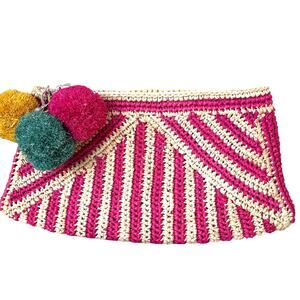 Mar Y Sol Sonia Woven Raffia Clutch Pink Tan Stripe Pom-Pom Tags Detached (NWOT)